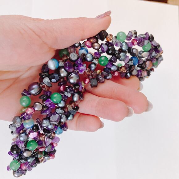 VTG Amethyst Jade Quartz Bib Necklace Mesh Collar Statement Boho Y2K Artisan - Picture 6 of 11